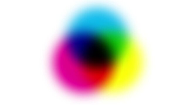 CMY color circles joined blur with all print colors in gradients. DTP metaphor forms dissolving creating new colors animated. Cyan magenta yellow black green violet red orange black explain.