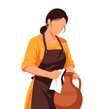 Flat vector illustration of a faceless female salesperson wearing an apron cleaning or polishing a brown clay jar with a white cloth, on a white background.