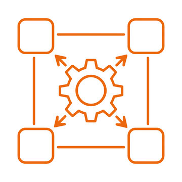 Orange Gear Icon Connecting Four Squares in Minimalist Design