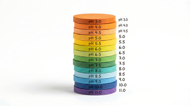 A stacked tower of pH scale color-coded discs on a white background