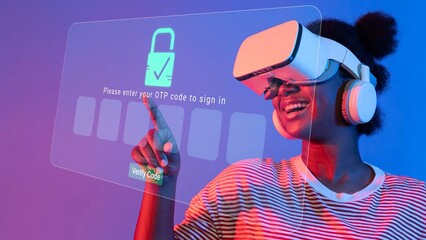 Woman Using Virtual Reality Headset for Secure Online Authentication with OTP Code Entry in Modern...