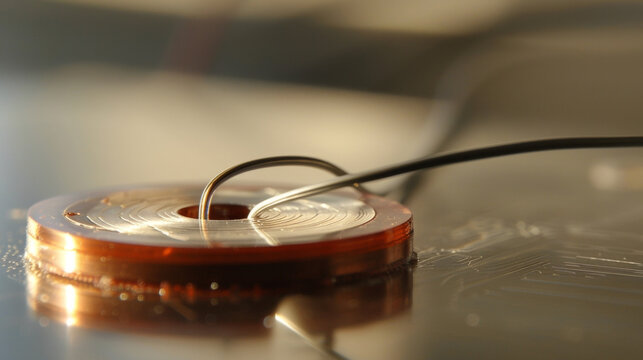 An extreme closeup of a small coinsized disc of piezoelectric material connected to a wire and a voltmeter to measure its electrical output.