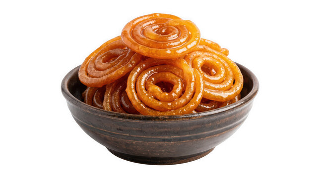 Jalebi, a popular indian sweet dish, served in a rustic brown ceramic bowl isolated on transparent background