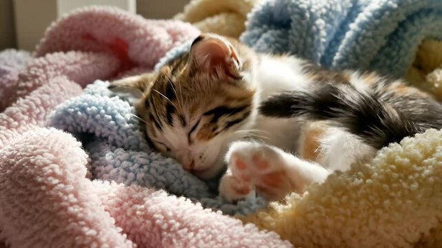 A small, adorable calico kitten peacefully naps nestled amongst soft, cozy blankets creating a feeling of warmth and comfort in a domestic setting