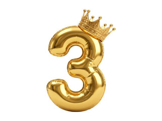 3d illustration of a golden balloon number 3 with a royal crown on top, isolated on transparent background