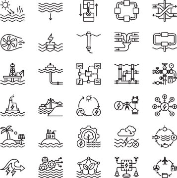 Ocean Thermal Energy Conversion Line Icons Set &ndash; 30 Minimal Black Outline Vector Icons for OTEC Energy Systems, Marine Power & Renewable Ocean Technology