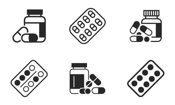 Medical pill and medication bottle icons representing pharmacy healthcare treatment and pharmaceutical industry supplies