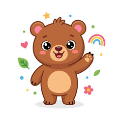 Obraz premium Adorable Cartoon Brown Bear Waving Hello with Rainbow, Stars, and Hearts Illustration