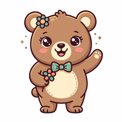 Fototapeta premium Cute Kawaii Teddy Bear Character Waving and Holding a Flower with Polka Dot Bow Tie, Vector Illustration for Kids