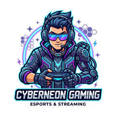 Cyberneon Gaming Esports Mascot Logo: Futuristic Cyborg Gamer with Bionic Arm and Headset © yusuf