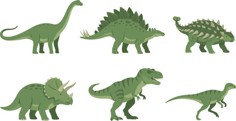 Green Dinosaur Vector Set with Tyrannosaurus Rex Triceratops Stegosaurus Brachiosaurus Ankylosaurus and Velociraptor for Children Education and Prehistoric Theme Designs © Rownok