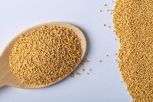 Close up of dry baker's yeast Saccharomyces cerevisiae in wooden spoon, macro baking texture