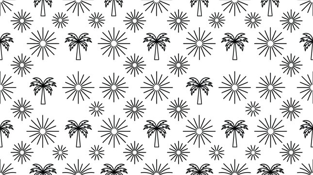 Palm trees and sun icons form a seamless black and white pattern for summer themed graphic designs.