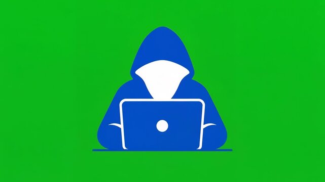 Hooded Hacker Silhouette with Laptop Icon on Green Screen Background, Cybersecurity Threat Concept, Chroma Key Overlay