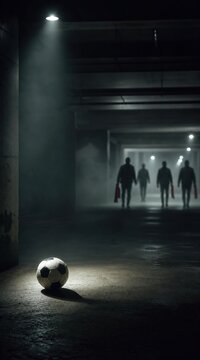 Soccer ball in spotlight with shadowy figures in dark urban setting representing competition