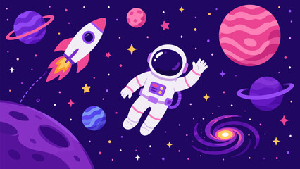 Naklejka premium Astronaut Floating in Cosmic Wonder: An astronaut glides through a vibrant galaxy, surrounded by colorful planets, swirling nebulae, and a rocket ship.