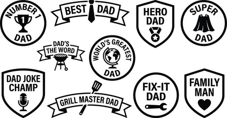 Fototapeta premium Minimalist fathers day badges and shields with various decorative dad titles.