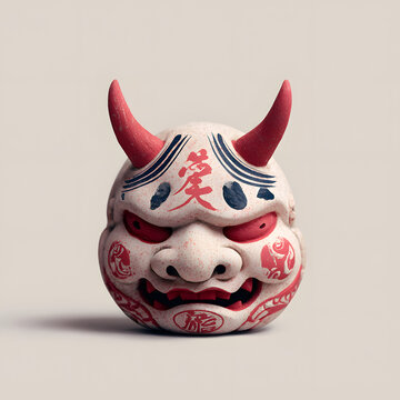 Japanese Demon Mask with Horns and Fierce Expression