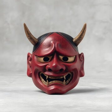 Japanese Demon Mask with Horns and Fierce Expression