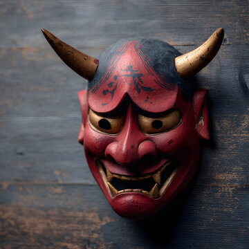 Japanese Demon Mask with Horns and Fierce Expression