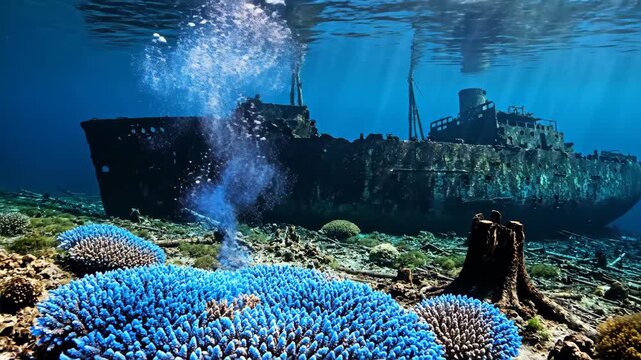 Aerial view of dense coniferous forest transitioning to deforested area and underwater shipwreck with coral reef. Environmental impact and ecological change concept