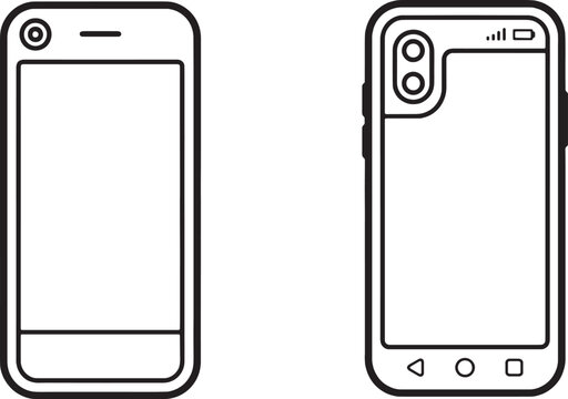 Art & Illustration, Modern smartphone front view screen and mobile phone dual camera back layout outline vector icons