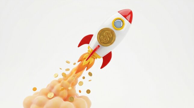 A professional 3D render of a minimalist rocket taking off with a big smoke cloud. Clean glossy claymorphism style, completely isolated on a solid white background. Perfect digital asset for startup s