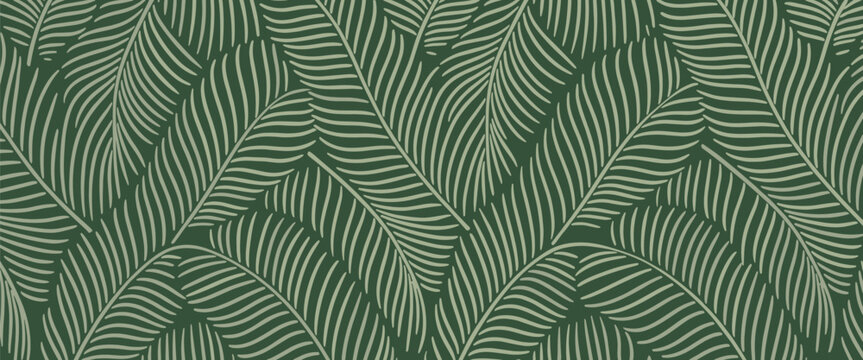 Seamless pattern of overlapping palm leaves in sage green and dark forest green