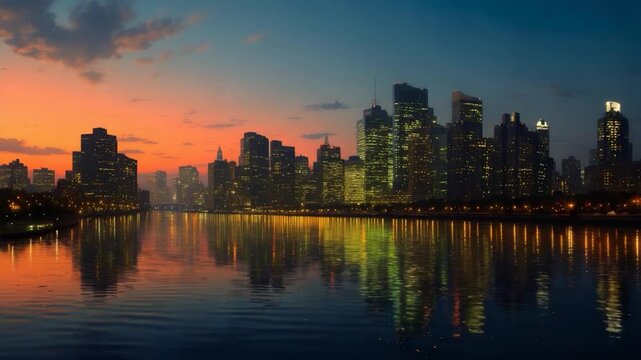 A vibrant sunset casts golden hues over a cityscape mirrored in the calm water