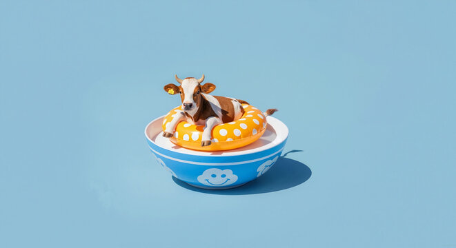 Miniature Ice Cream Cone with Sponge Bob Square Pants Figurine in Blue Bowl for World Milk Day Campaigns, Dessert Branding, Kids Party Decor, and Social Media Content