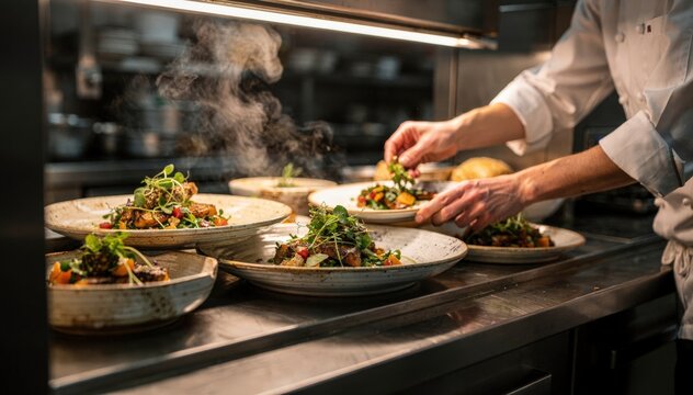 Medium shot of a chef carefully aligning familystyle dishes on the pass window showcasing sharp details of handmade ceramics and fresh herbs with the background muted.