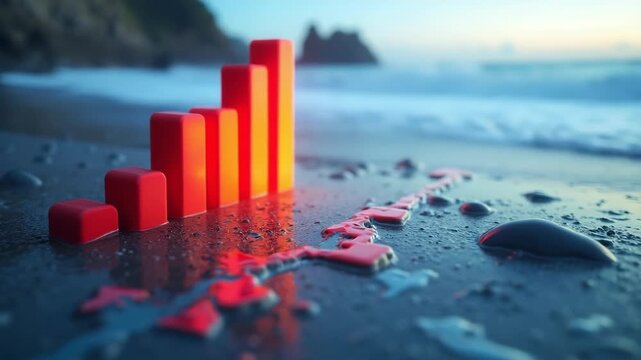 Vivid 3D bar chart with rising columns and red line graph displayed on a wet sandy beach at sunset. Dramatic light and ocean waves symbolize business growth and sustainability.