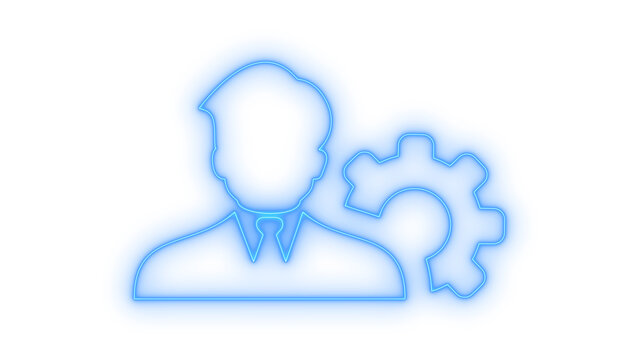 A colorfull neon icon of a businessman administrator with a large gear wheel representing management system or personal settings isolated on transparent background for web design