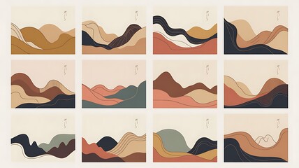 Obraz premium A collection of 12 minimalist abstract landscape illustrations in various earthy tones