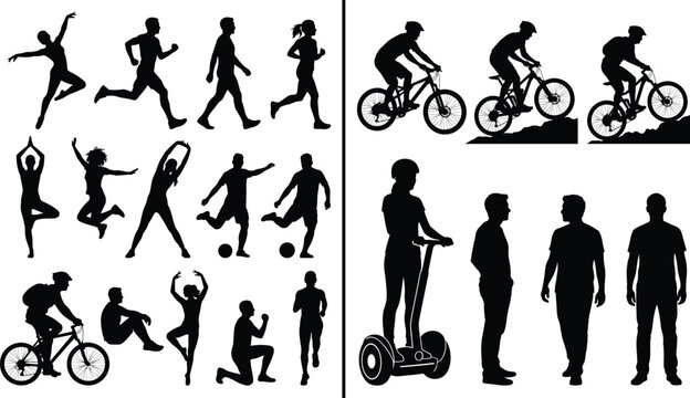 Black silhouette illustrations of dancers, athletes, cyclists, yoga poses, Segway rider, and walking figures representing lifestyle movement