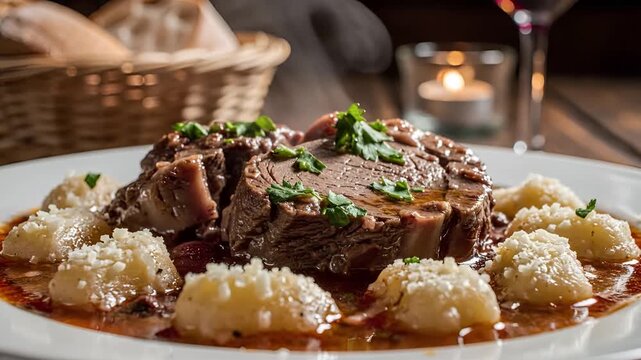 Delicious Braised Beef Dish with Gnocchi and Rich Sauce.