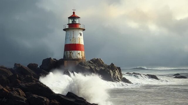 A weathered lighthouse with red bands sits on a rocky outcrop as waves crash in a moody scene