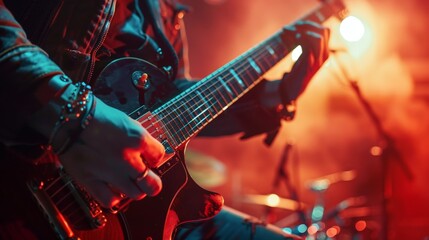 Obraz premium Guitarist plays with passion under glowing red stage lights. Fingers press strings, strumming rhythm with intense focus. Fingers dance over fretboard, creating electric energy