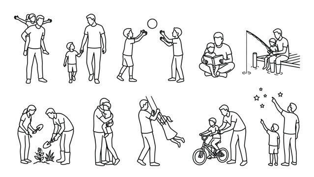 Father and child activity line art vector illustrations showing parent and kid bonding moments during various outdoor and indoor hobbies.