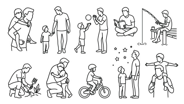 Father and son linear outline icon set illustrating family bonding activities and shared childhood experiences in simple style.