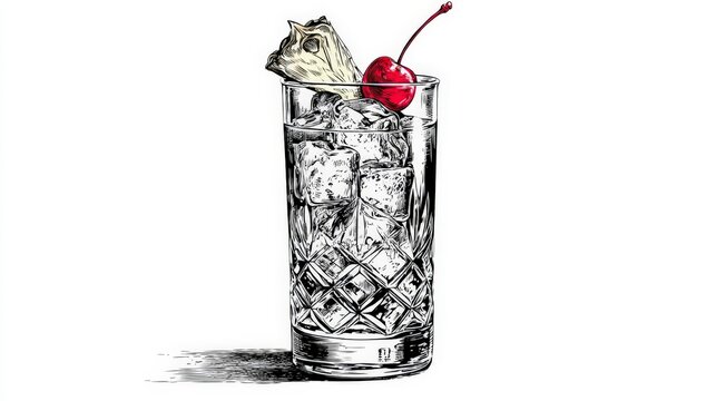 Black and white sketch of a tall cocktail glass. Icicles fill the glass with crisp, cool clarity. Red cherry and pineapple wedge adorn the rim. Sharp lines define the glass's textured surface