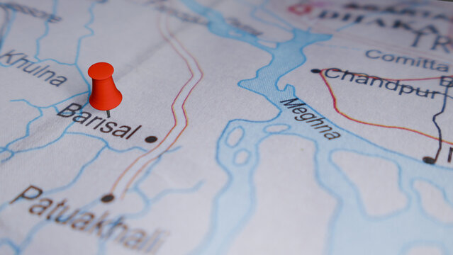 Red pin on a map indicating Barisal, Bangladesh, a visual for travel, navigation, and location marking.
