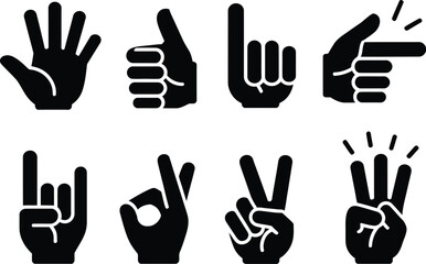 Fototapeta premium Hand Gestures Silhouette Collection on White Background Showing Different Human Communication Signs Vector Illustration