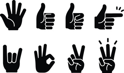 Obraz premium Variety of Hand Gesture Silhouettes on White Background for Communication and Interaction Icon Set