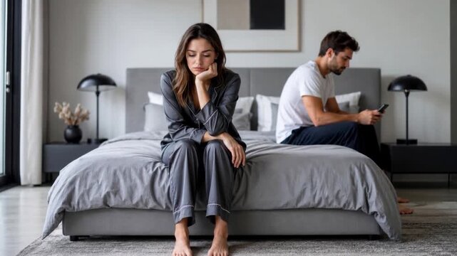 Frustrated woman, argument and conflict with stress in bed for cheating affair or disagreement.

