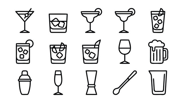 Minimalist Bar and Cocktail Line Icon Set Featuring Martini, Margarita, Wine, Beer, Shaker, Jigger, and Barware Tools. Clean Vector Illustration for Menus, Signage, and Digital Interface Design.
