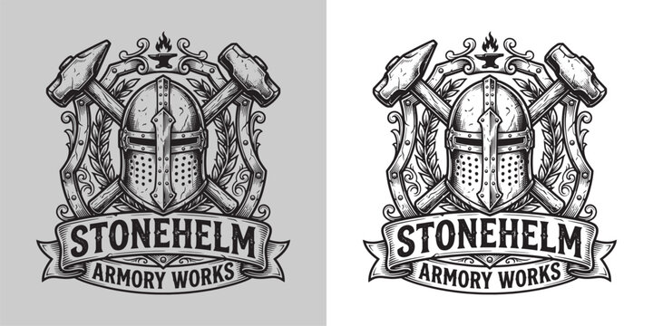 Heraldic Stonehelm Armory Works shield with helmet and anvil motif