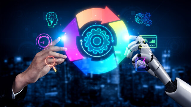 Hands of a human and a robotic arm interact with digital icons representing technology, innovation, and automation in a futuristic environment Sigmoid