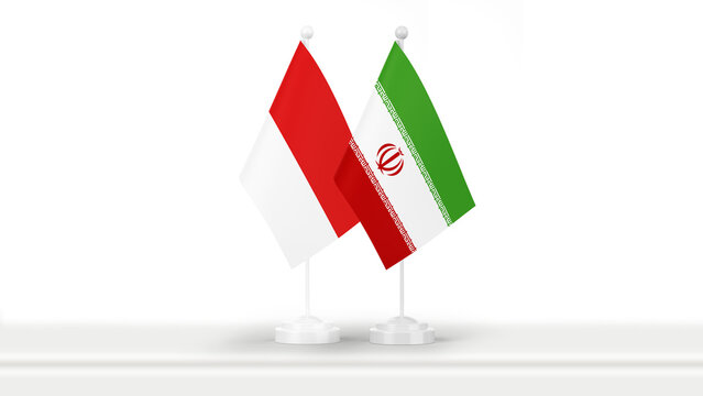 State flags of Indonesia and Iran, isolated on white background. Concept of official meetings, events and summits on government level. Business, collaborations and negotiations.