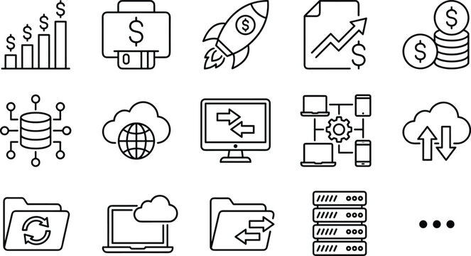 Financial Startup Growth and Cloud Networking Infrastructure Line Icon Set for Corporate Digital Web Application Software